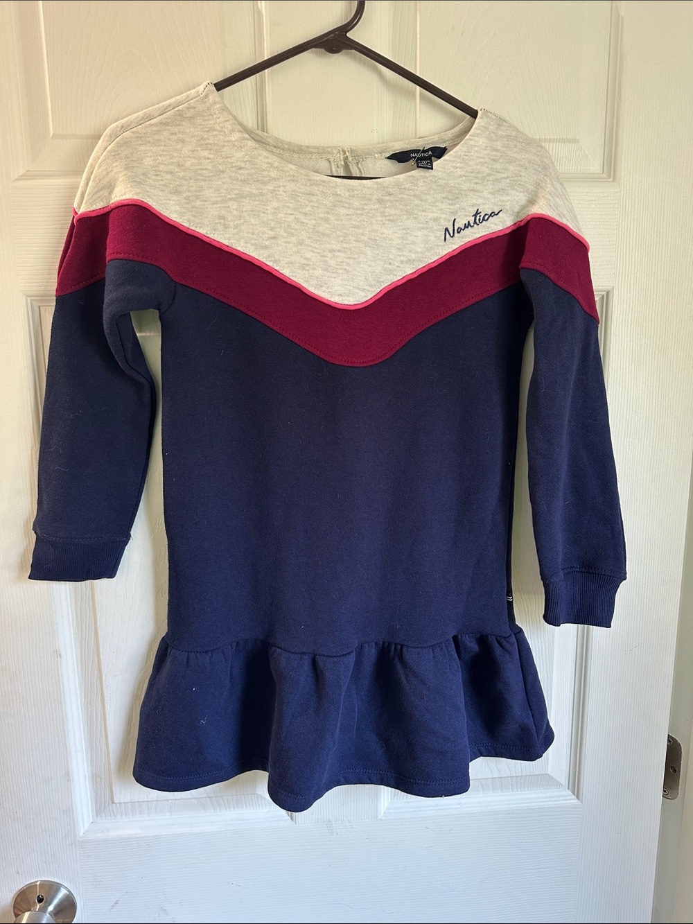 Nautica Navy, Burgundy & Heather Gray Chevron Ruffle Dress